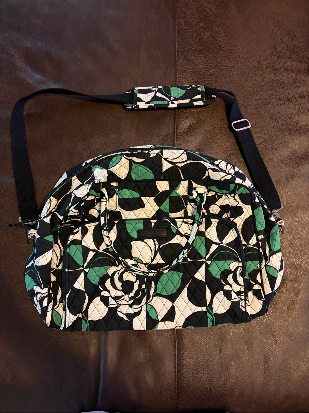 Vera Bradley Black White and Green Quilted Floral Crossbody Tote